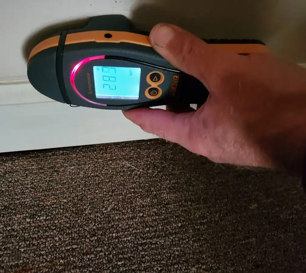 Moisture detection at baseboard during Burst Pipe Cleanup in Riga
